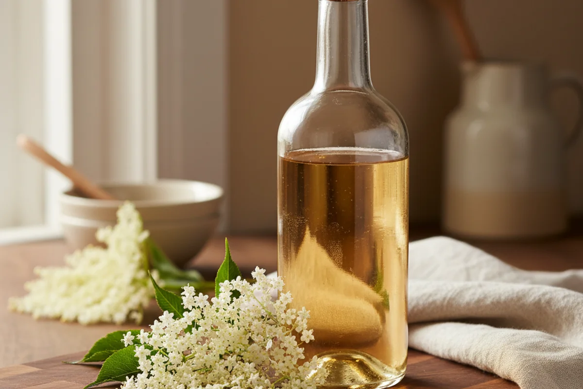 Fresh elderflower blossoms in a ceramic bowl on a walnut surface beside a glass carboy in soft natural light