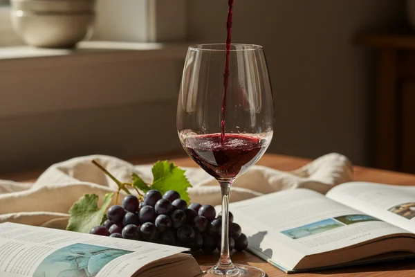 Enology books and winemaking tools arranged on a warm walnut surface in soft natural light