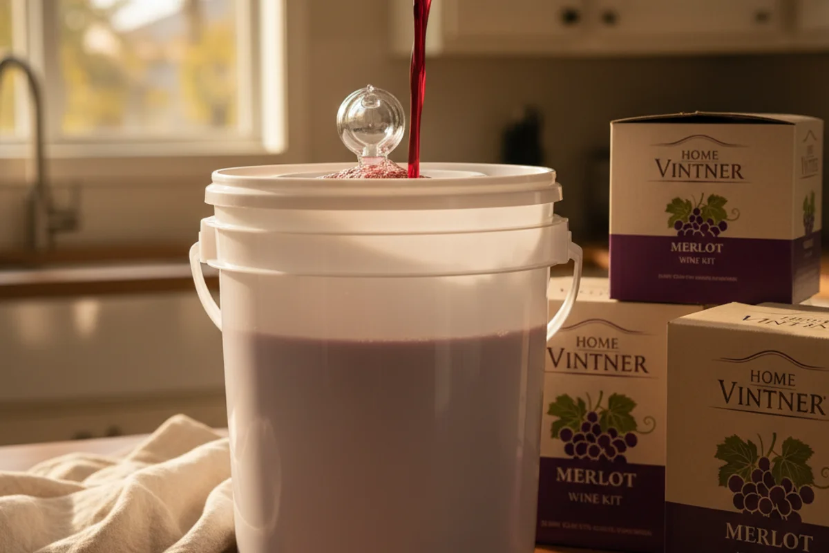 Winemaking kit with fermentation equipment on a walnut surface in warm natural light