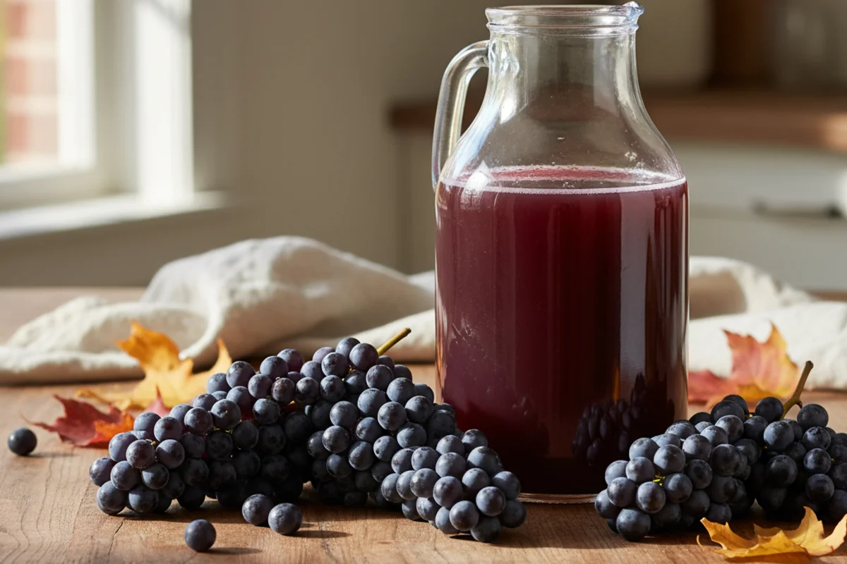 Gallon jar of deep red grape wine beside fresh clusters of fall grapes on a walnut surface