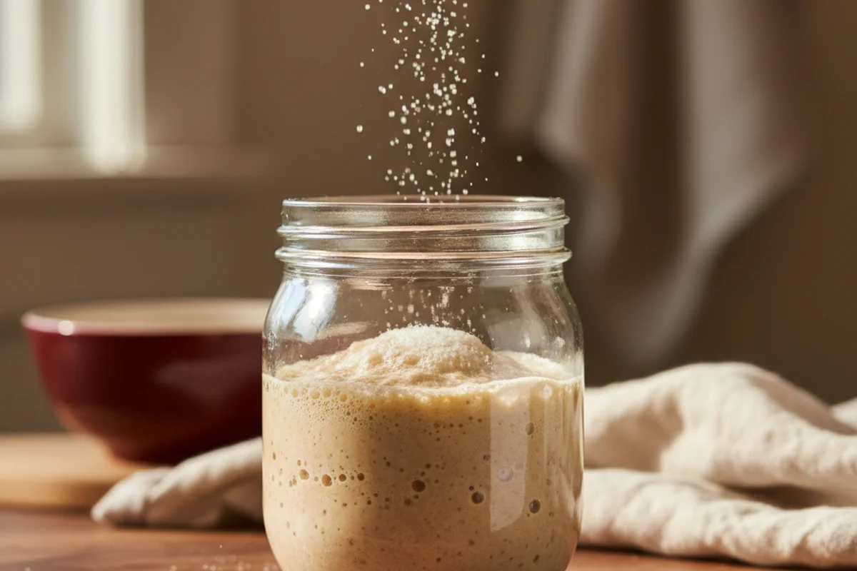Dry yeast packet beside a small bowl of nutrients on a warm walnut surface in soft natural light