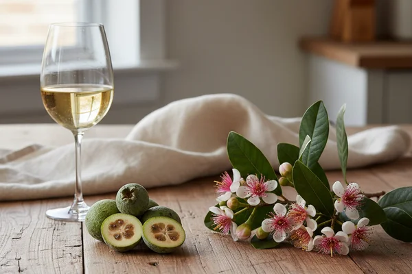 Feijoa blossoms beside a glass of pale golden wine on a walnut surface in soft natural light
