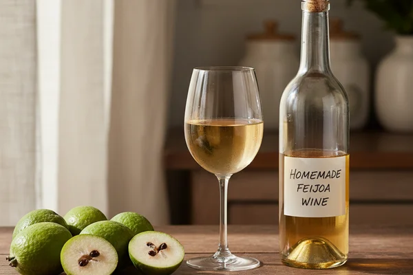 Halved feijoas beside a glass of pale wine on a walnut surface in warm natural light