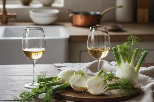 Fennel bulbs and fronds beside a glass of pale golden wine on a walnut surface in soft natural light