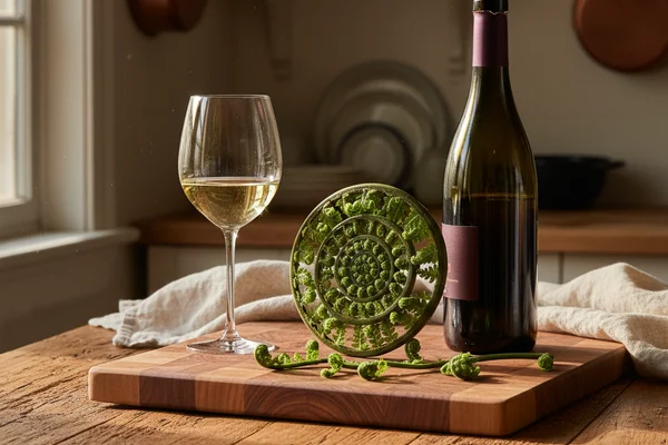 Fresh fiddlehead ferns beside a glass of pale green wine on a walnut surface in soft natural light