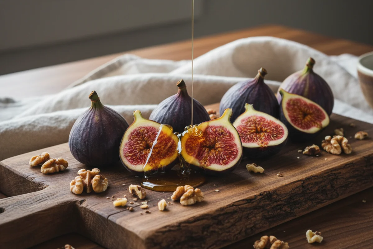 Fresh figs halved on a walnut surface beside a linen cloth in warm natural light