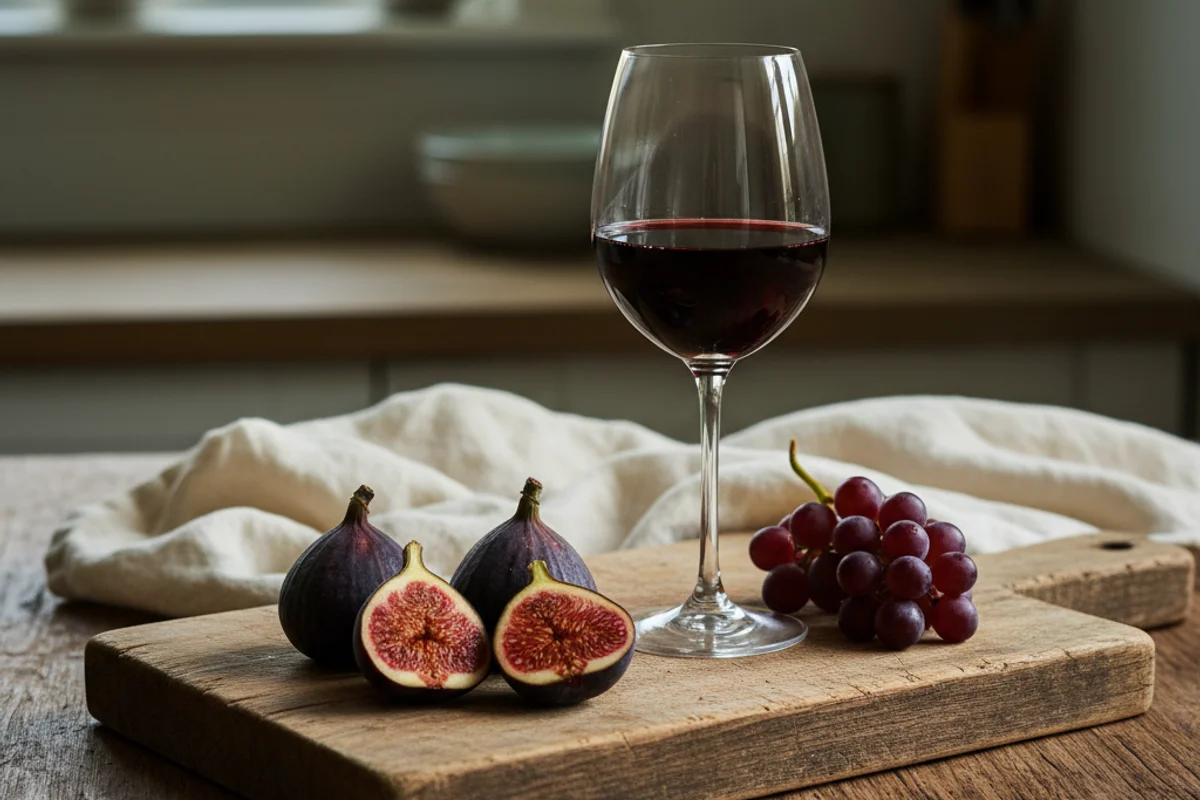Fresh figs halved on a walnut surface beside a glass carboy of deep amber wine in soft natural light