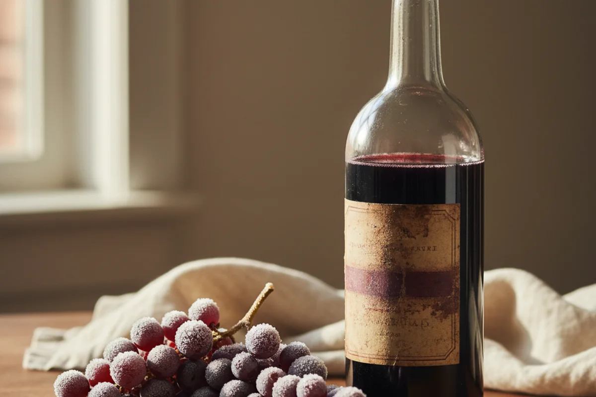 Clusters of deep purple frost grapes beside a glass of dark red wine on a walnut surface in soft natural light