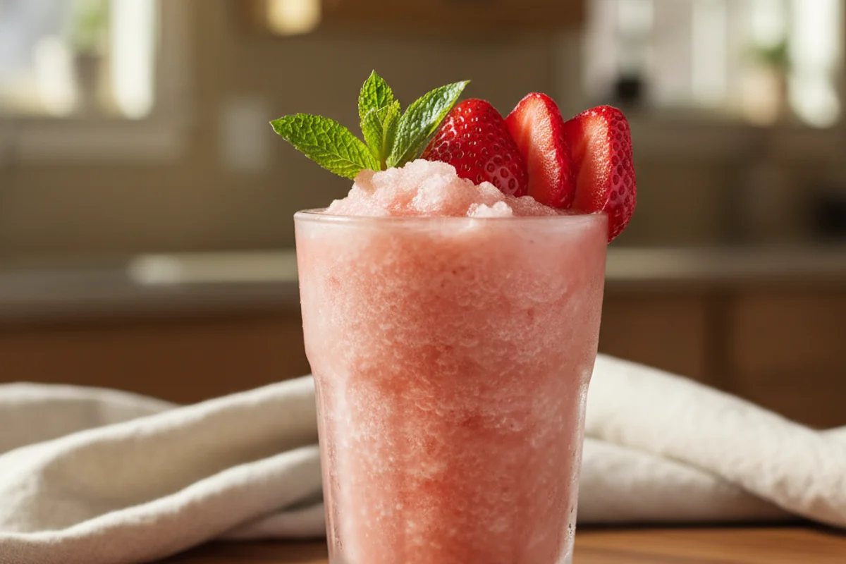 Bag of frozen strawberries beside a glass carboy and airlock on a warm walnut surface in soft natural light
