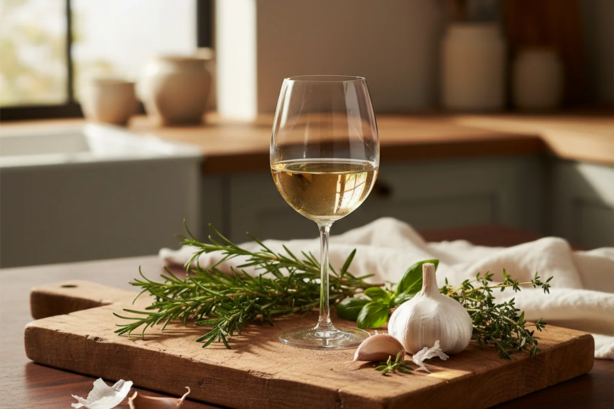 Rustic garlic bulbs and cloves on a walnut surface beside a glass carboy in soft natural light