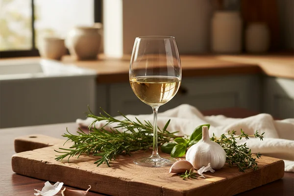 Rustic garlic bulbs and cloves on a walnut surface beside a glass carboy in soft natural light