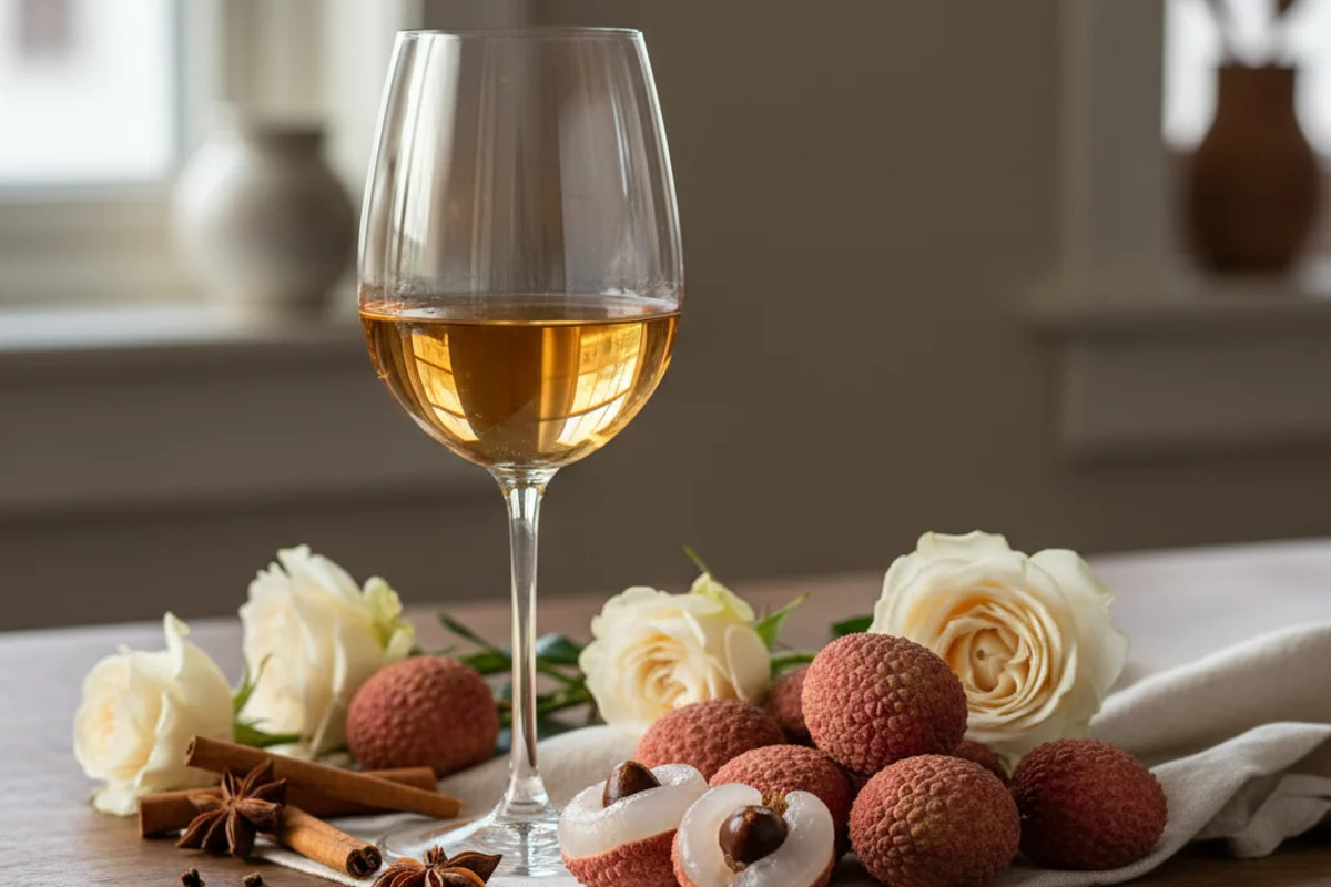 Pale golden Gewürztraminer juice in a glass carboy on a walnut surface, soft natural light streaming in