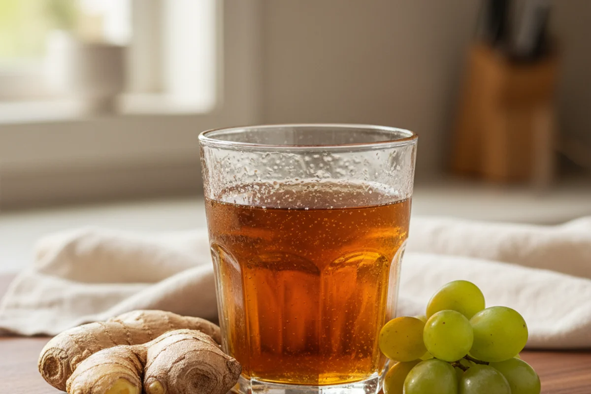 Amber ginger wine in a rustic glass on a walnut surface, soft natural light, cream linen backdrop