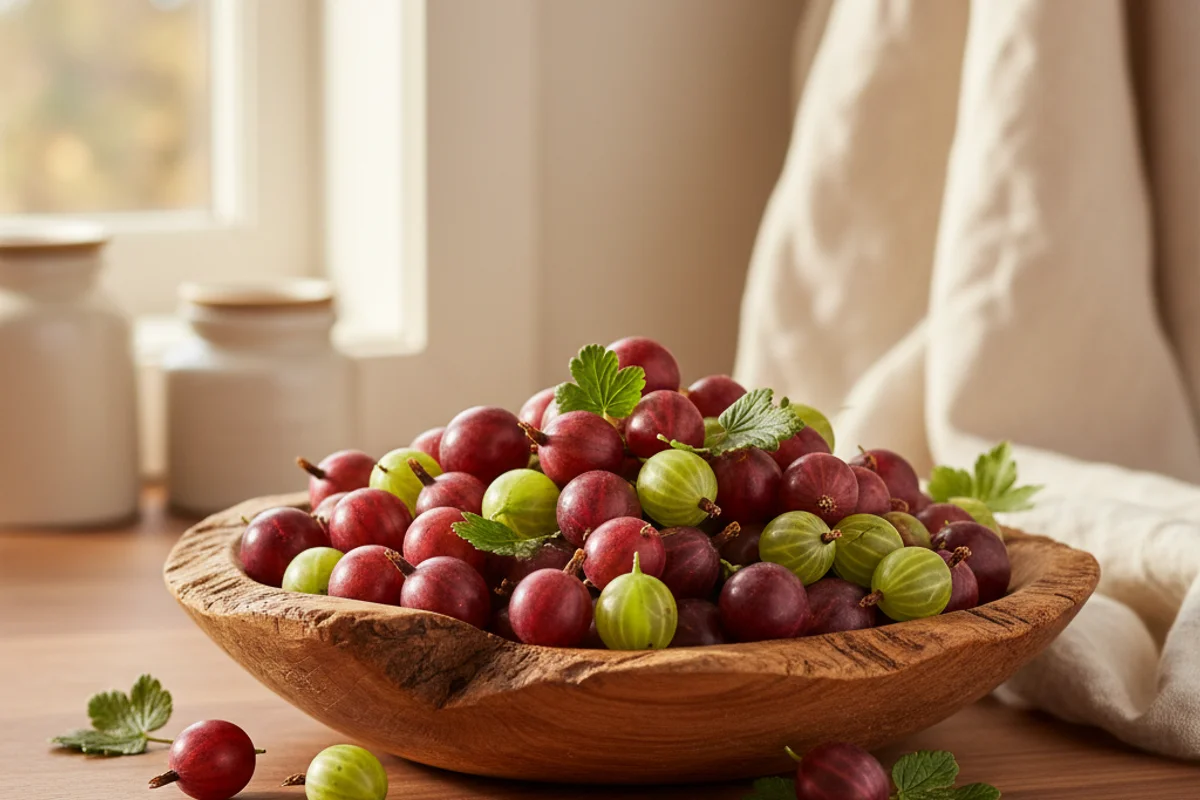 Fresh green gooseberries in a linen-lined bowl on a warm walnut surface in soft natural light
