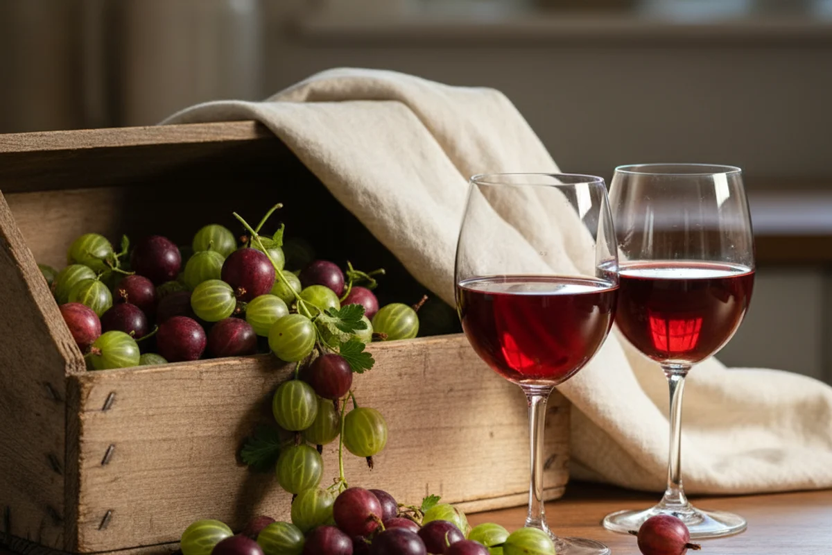 Fresh green gooseberries beside a glass of pale golden wine on a walnut surface in soft natural light