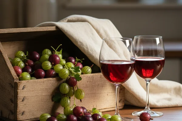 Fresh green gooseberries beside a glass of pale golden wine on a walnut surface in soft natural light
