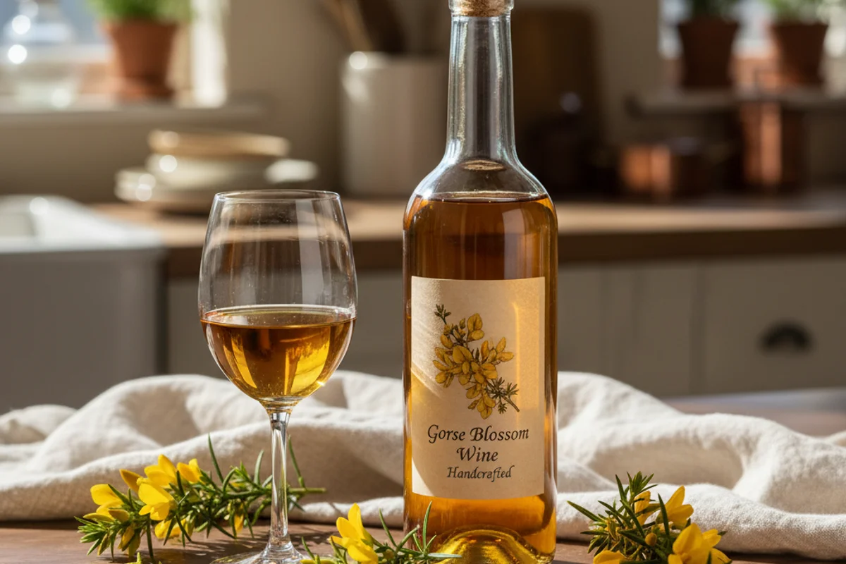 Bright yellow gorse flowers in a glass fermentation jar on a warm walnut surface in soft natural light