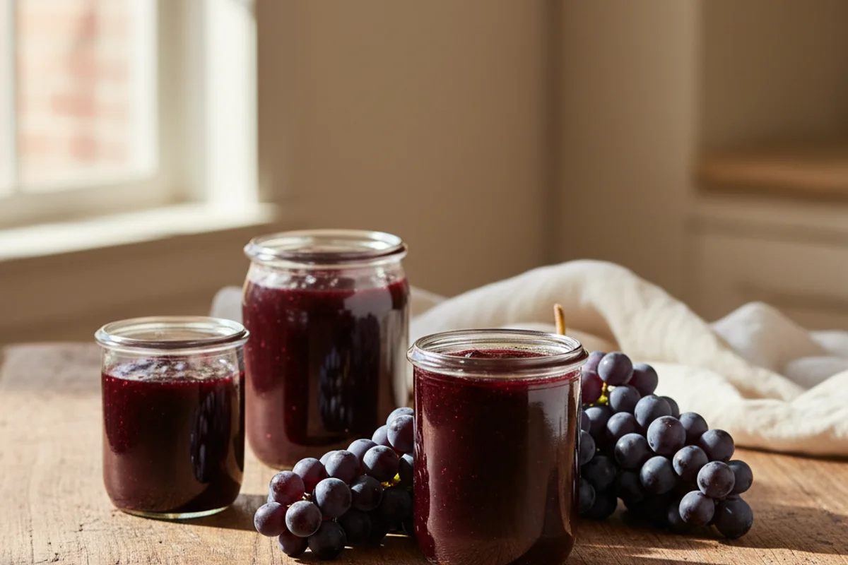 Dark grape concentrate in glass jars on a walnut surface beside winemaking equipment in soft natural light