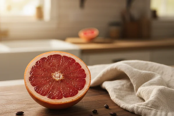 Fresh halved grapefruits on a walnut surface beside winemaking equipment in warm natural light