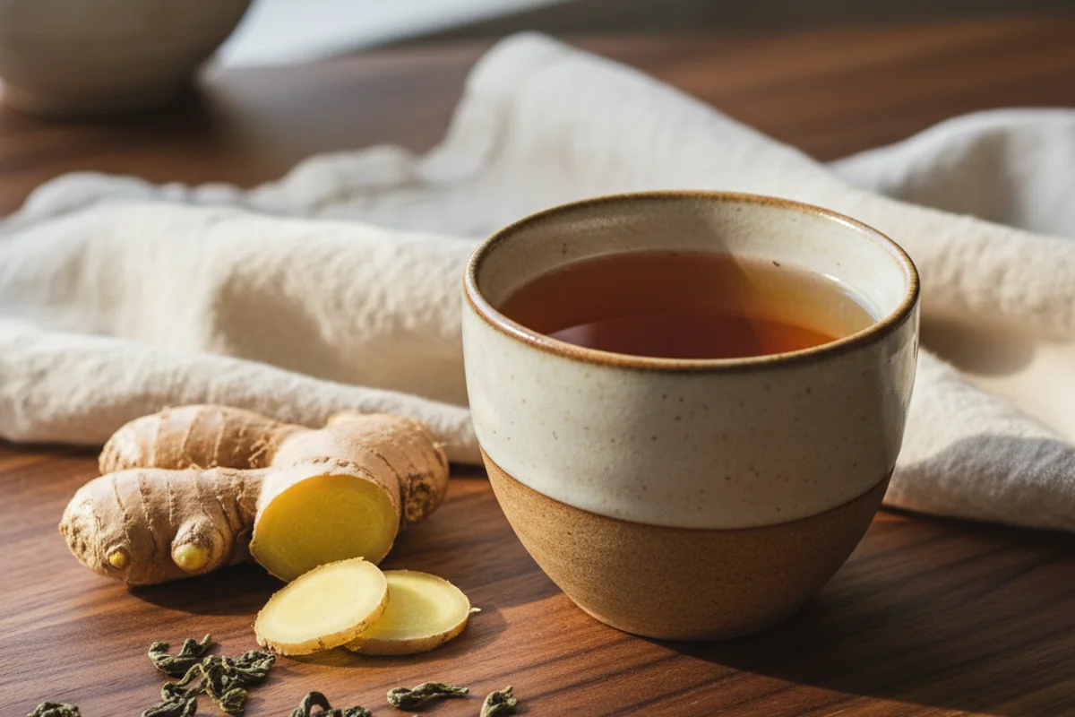 Pale green wine in a glass beside fresh ginger root and loose green tea leaves on a walnut surface