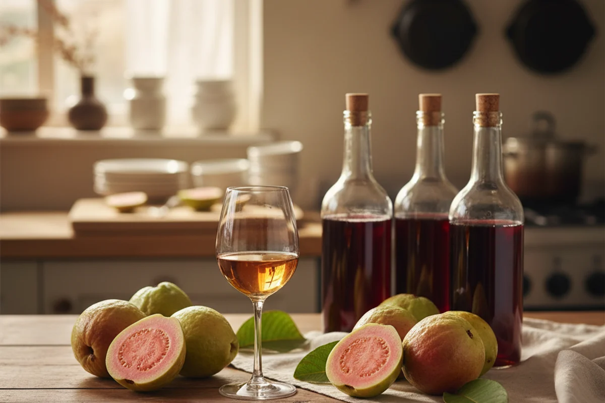 Ripe guava fruits beside a glass of pale pink wine on a warm walnut surface in soft natural light