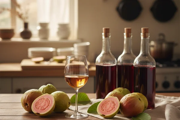 Ripe guava fruits beside a glass of pale pink wine on a warm walnut surface in soft natural light