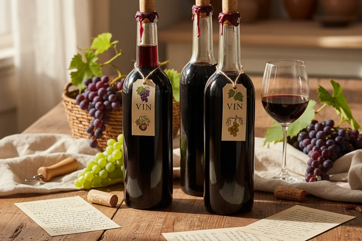 Rustic walnut surface holding modern winemaking equipment in warm natural light on cream linen