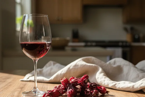Dried hibiscus flowers beside a glass of deep ruby wine on a walnut surface in soft natural light