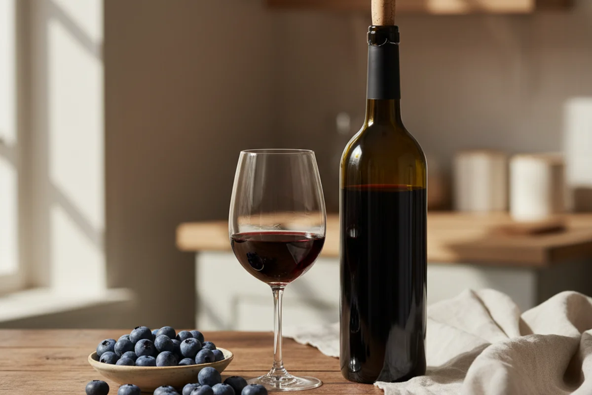 Fresh highbush blueberries beside a glass of deep violet wine on a warm walnut surface