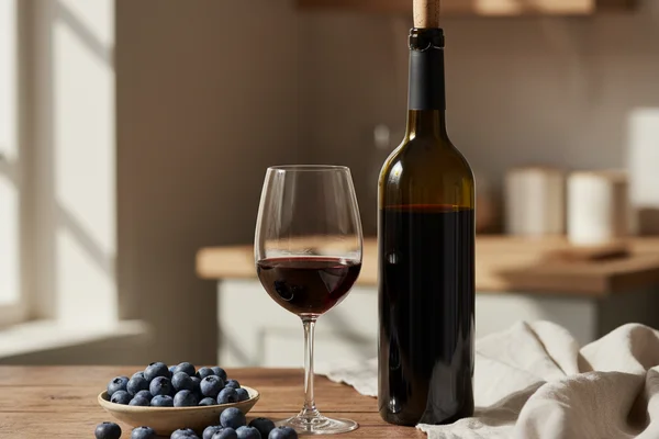Fresh highbush blueberries beside a glass of deep violet wine on a warm walnut surface