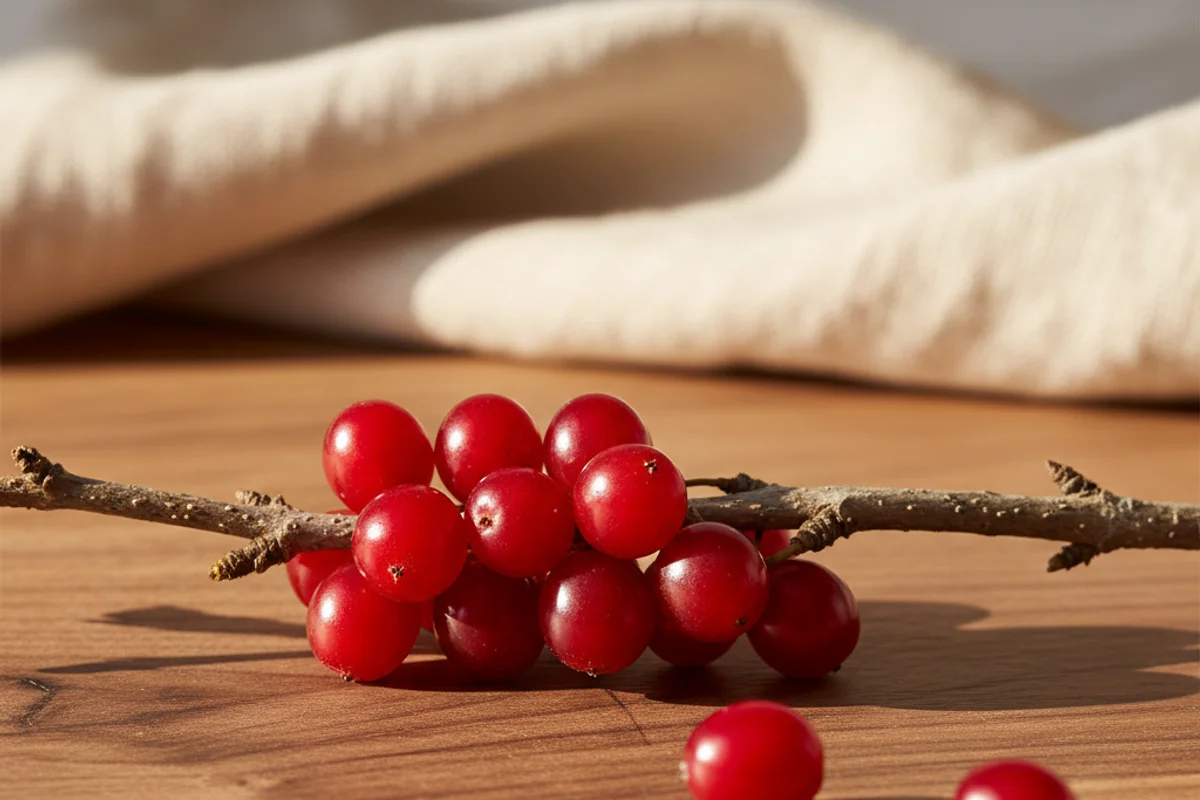 Cluster of fresh highbush cranberries on a walnut surface in warm natural light
