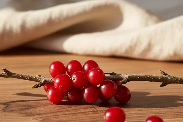 Cluster of fresh highbush cranberries on a walnut surface in warm natural light