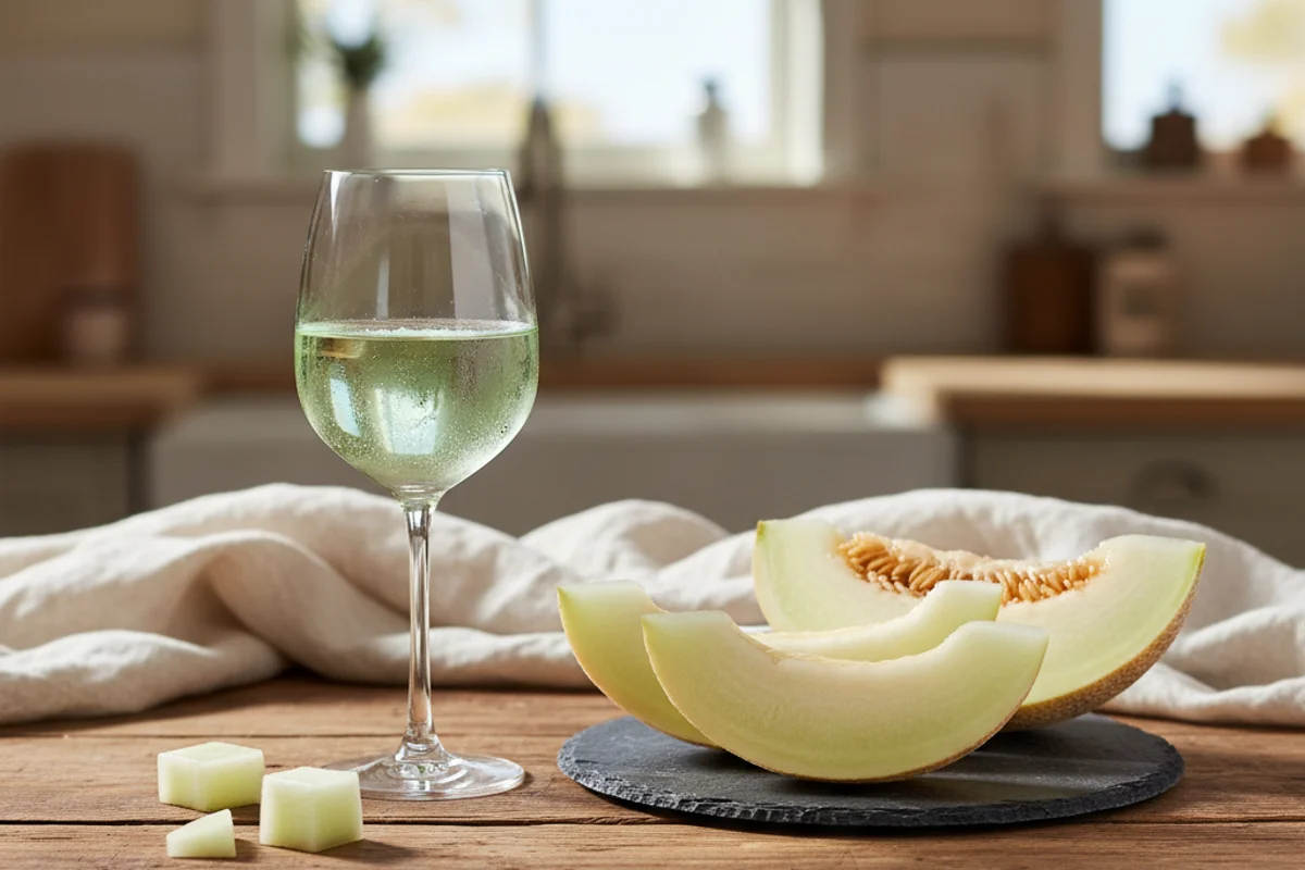 Pale green honeydew melon halves beside a glass of golden wine on a walnut surface