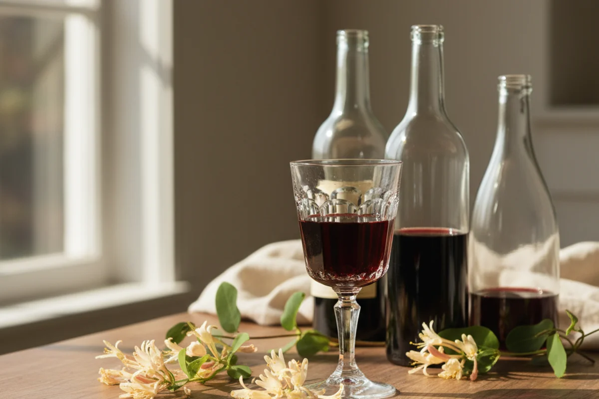 Pale golden honeysuckle wine in a glass jar on a walnut surface beside fresh honeysuckle blossoms in soft natural light