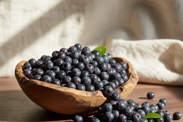 Fresh huckleberries in a rustic bowl on a walnut surface in warm natural light