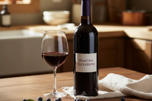 Deep purple huckleberry wine in a glass beside fresh berries on a walnut surface in warm light