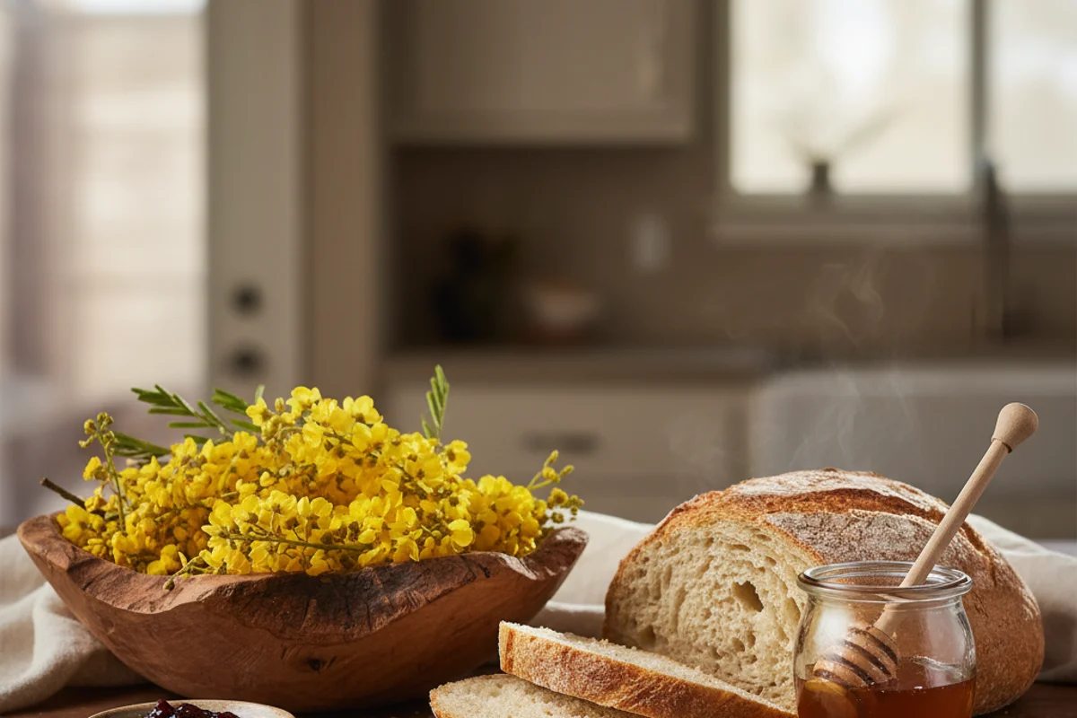 Huisache tree blossoms in warm golden light on a walnut surface with cream linen backdrop