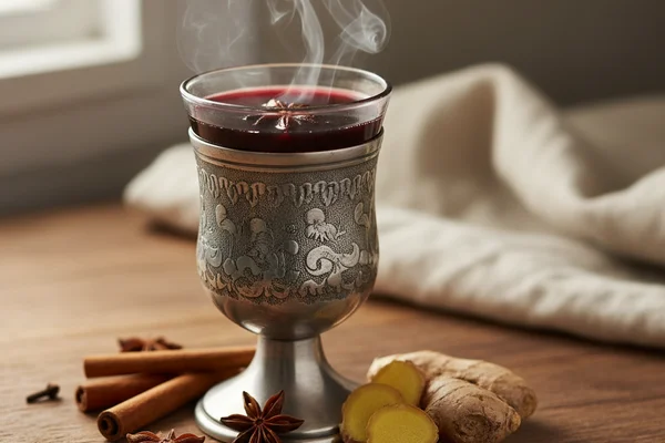 Spiced medieval wine hypocras in a rustic clay cup on a warm walnut surface with soft natural light