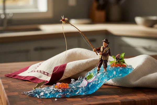 Warm farmhouse table with fly fishing gear resting on walnut surface in soft natural light