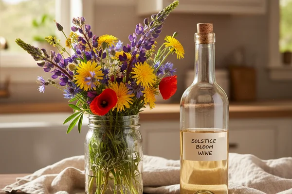 Dried wildflowers scattered on a walnut surface beside winemaking equipment in warm natural light