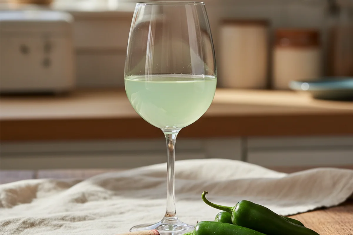 Fresh jalapeños beside a glass of pale green wine on a walnut surface in warm natural light