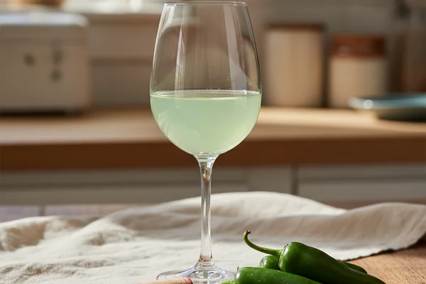 Fresh jalapeños beside a glass of pale green wine on a walnut surface in warm natural light