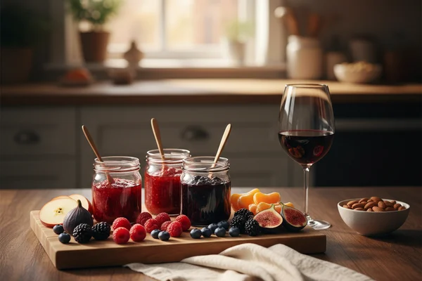Jar of fruit jam beside a glass of deep ruby wine on a walnut surface in warm natural light