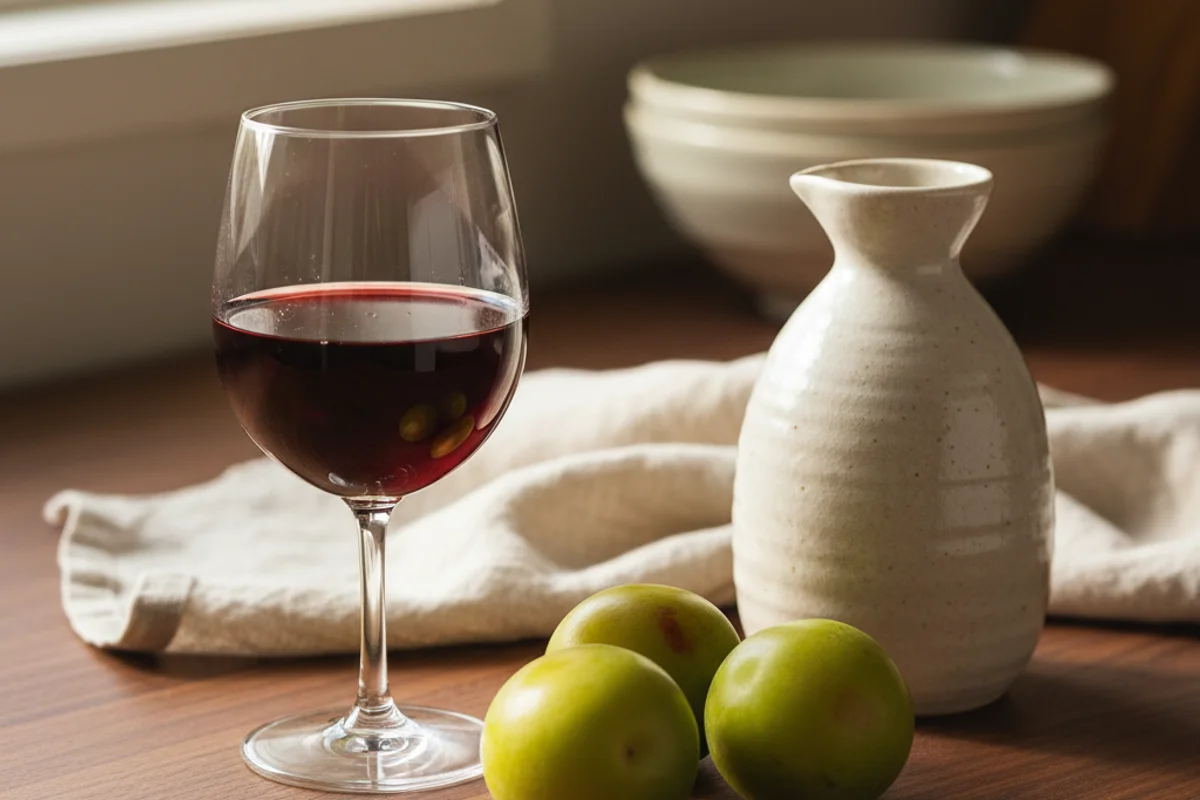 Pale golden plum wine in a glass jar beside fresh ume plums on a walnut surface in soft natural light