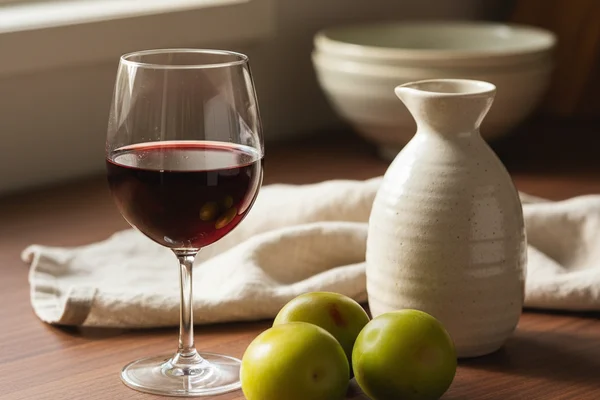 Pale golden plum wine in a glass jar beside fresh ume plums on a walnut surface in soft natural light