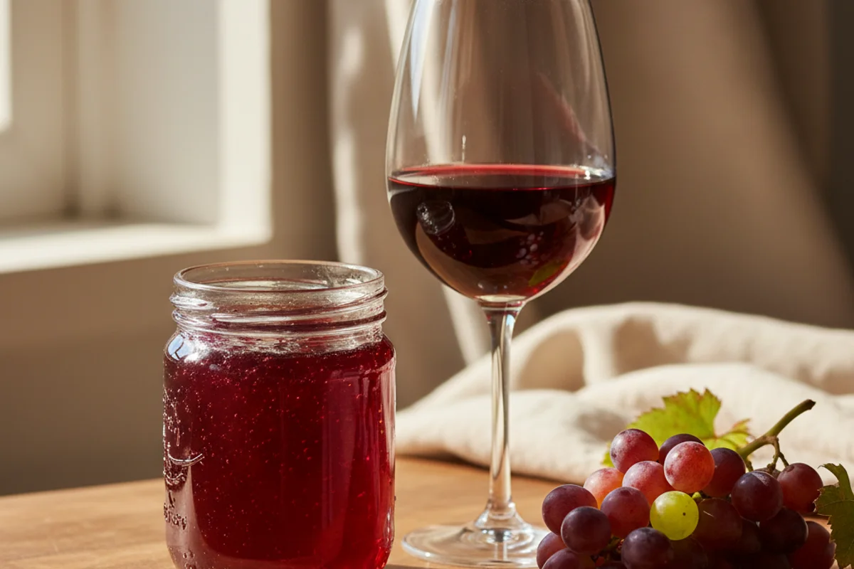 Jar of jewel-toned jelly wine on a walnut surface beside a glass of ruby liquid in soft natural light