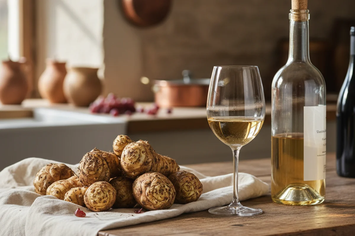 Scrubbed Jerusalem artichokes beside a glass carboy on a walnut surface in warm natural light