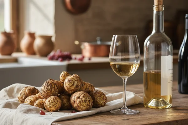 Scrubbed Jerusalem artichokes beside a glass carboy on a walnut surface in warm natural light