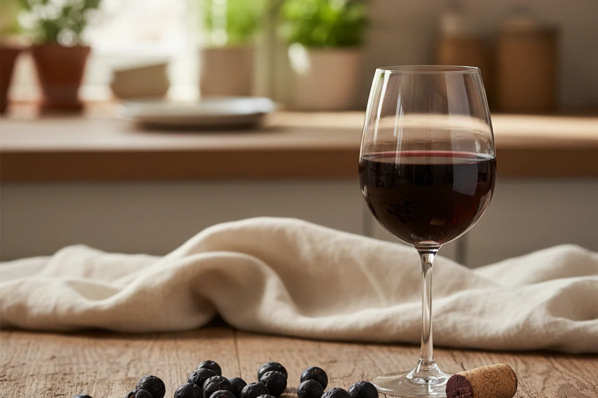 Fresh jostaberries in a rustic bowl on a walnut surface beside a glass of deep ruby wine in soft light