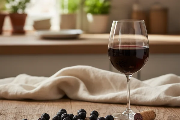 Fresh jostaberries in a rustic bowl on a walnut surface beside a glass of deep ruby wine in soft light